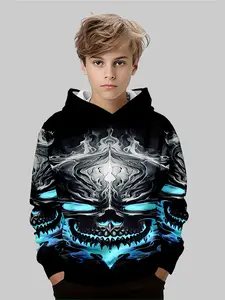 Boys' Night Leopard Hoodie, Fluorescent Leopard Head Graphic, Gradient Blue, Casual Fitted Design, Fall & Winter Wear