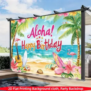 Vibrant Hawaiian birthday background banner,graffiti beach scene with flamingos and palm trees, suitable for summer parties, photo booth props and cake table decorations, Hawaiian party decorations, multifunctional decorations for outdoor birthday parties