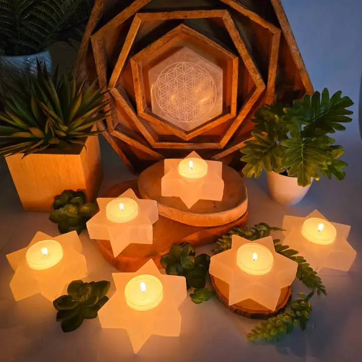 Selenite Crystal Six-Pointed Star Tealight Candle Holder – Natural Healing Stone for Energy Clearing, Meditation & Sacred Decor