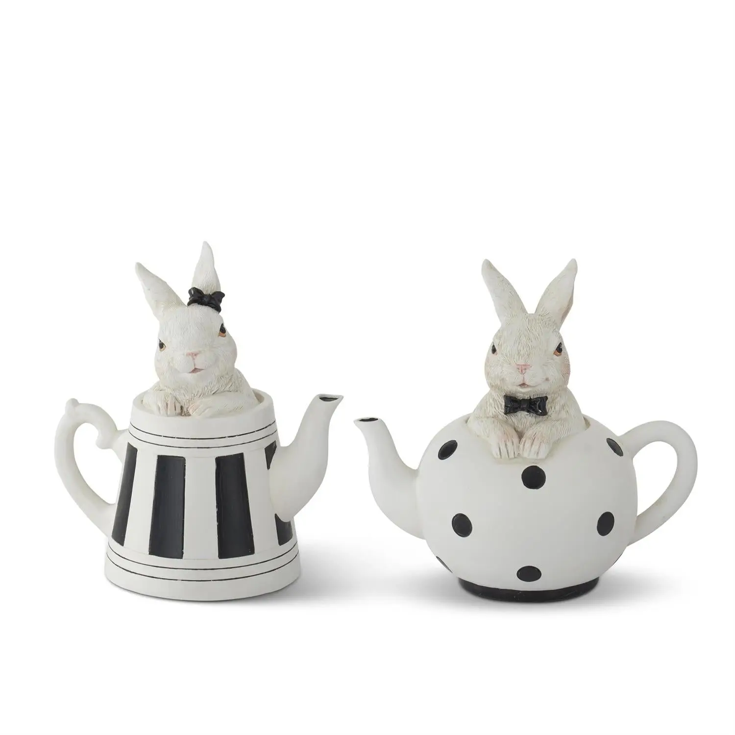 5.75 Inch White Resin Bunnies in Black & White Teapots - Set of 2