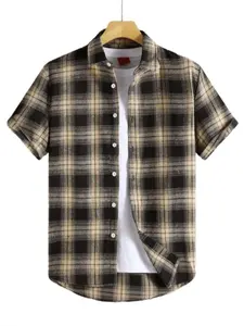 Men's Plaid Print Short Sleeve Shirt, Casual Button Front, Regular Fit Casual Fashion Comfy Button Top for Daily Outdoor Wear, Men Clothes for Summer