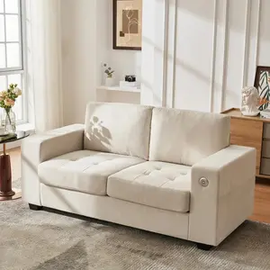 White Chenille Loveseat Sofa, 70" Deep Seat Couch with USB & Type-c Charging, Removable Washable Cushion Covers, Side Pocket, Wood and Steel Frame.