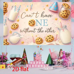 1pc Birthday Party Backdrop, Indoor Backdrops with 'Can't Have One Without the Other' Cookie & Milk Design - Pastel Pink & Birthday Banner with Cookies, Milk Bottles - Easy Hang with Adhesive Strips Included - Indoor/Outdoor Photo Booth Decor