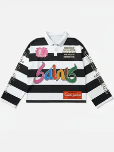 1 Pc Long Sleeve Polo Shirt, Y2K Aesthetic Streetwear Style, Featuring Stripe, Saints Graphic, Pink Badge & Inspirational Text, For Young Adults and Casual Daily Wear