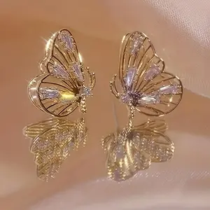 Delicate Hollow Butterfly Shaped Stud Earrings 18K Gold Plated zirconia Inlaid Elegant Cute Style Party Ear Decor Adorable Gifts