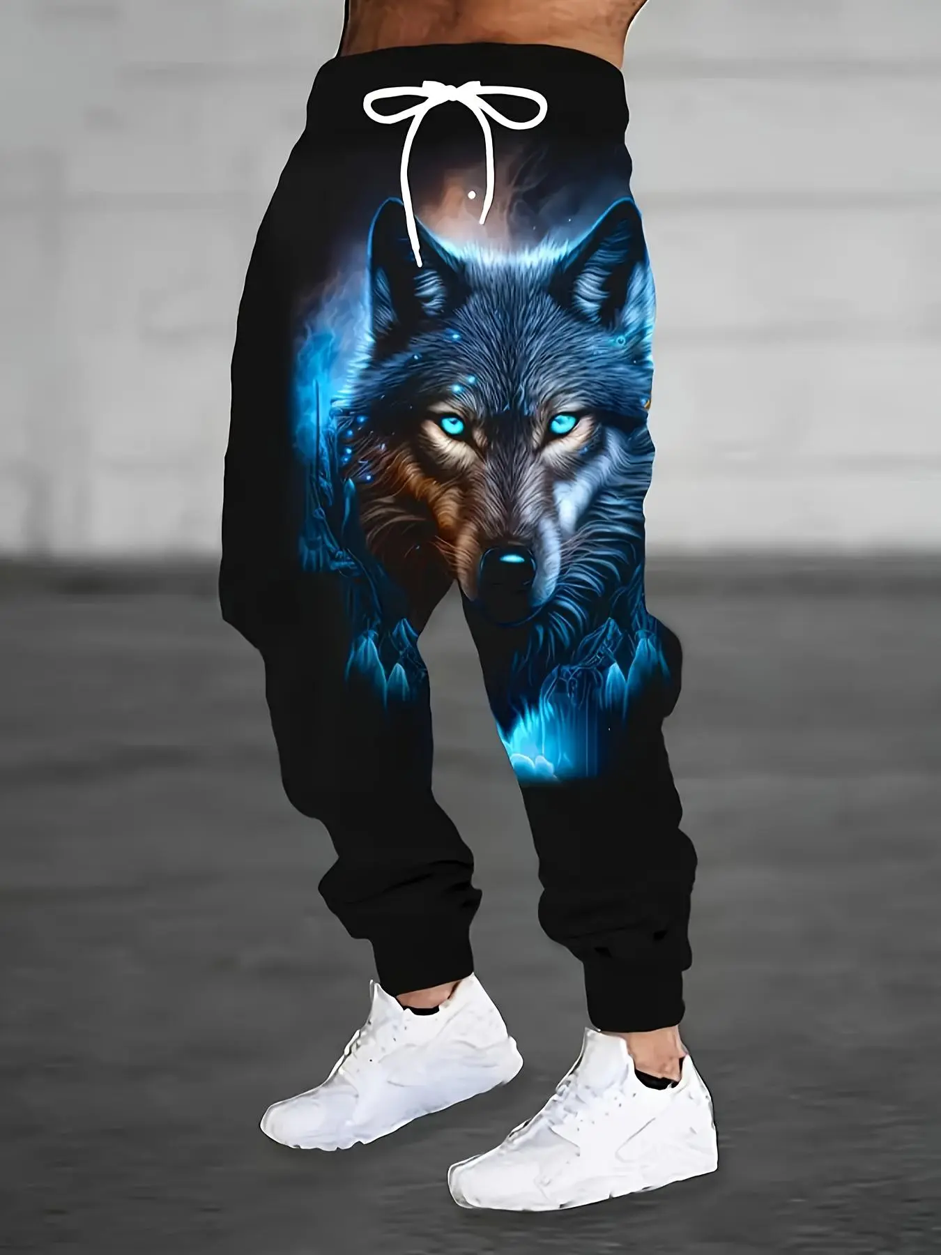 Men's Fitted Joggers with Wolf Print, Casual All-Seasons Polyester Athletic Pants with Pockets for Gym Outings, Elastic Polyester, Machine Washable, Male, Slim-Fitting, M, Polyester Clothes