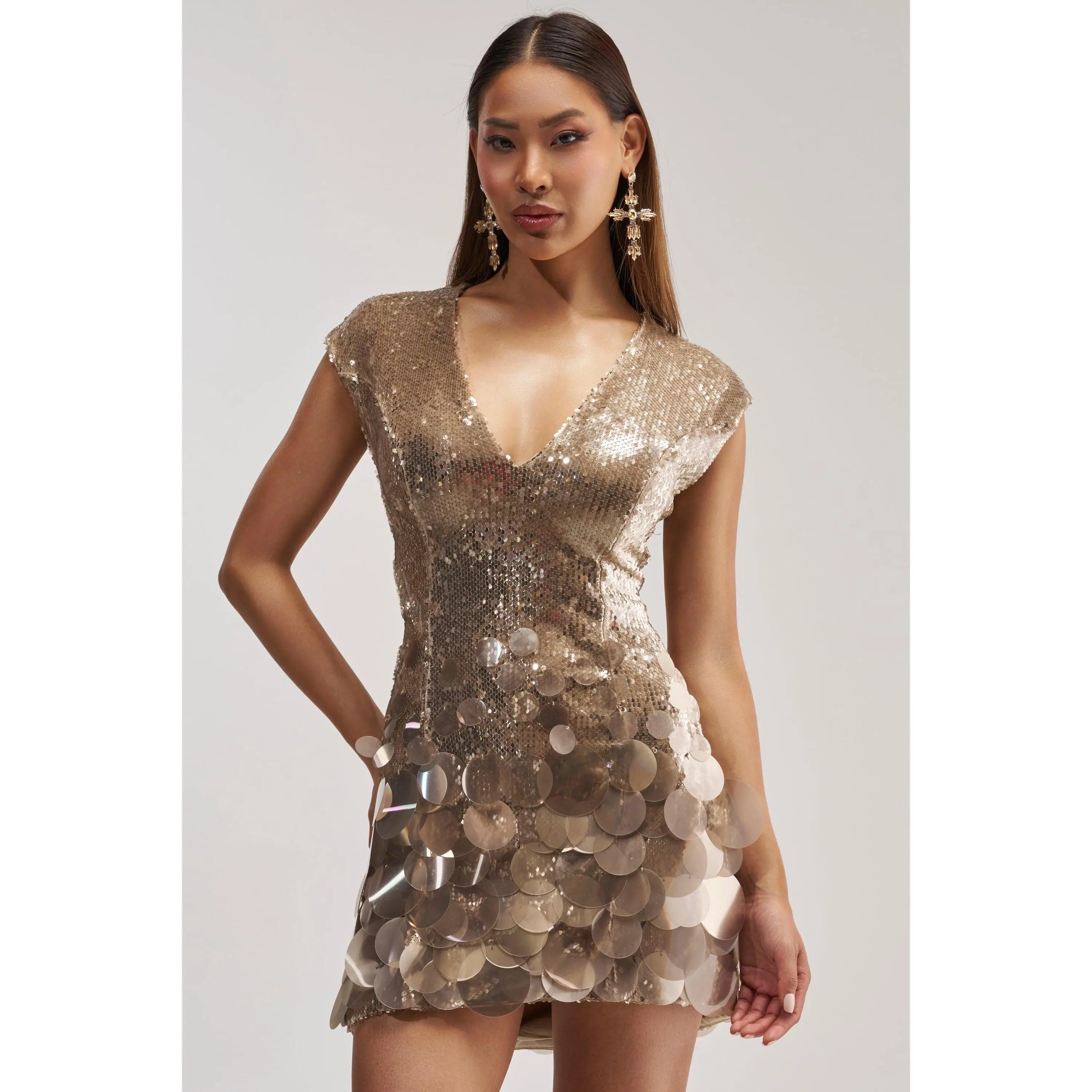 DANCE THE NIGHT AWAY SEQUIN MINI DRESS IN TAUPE