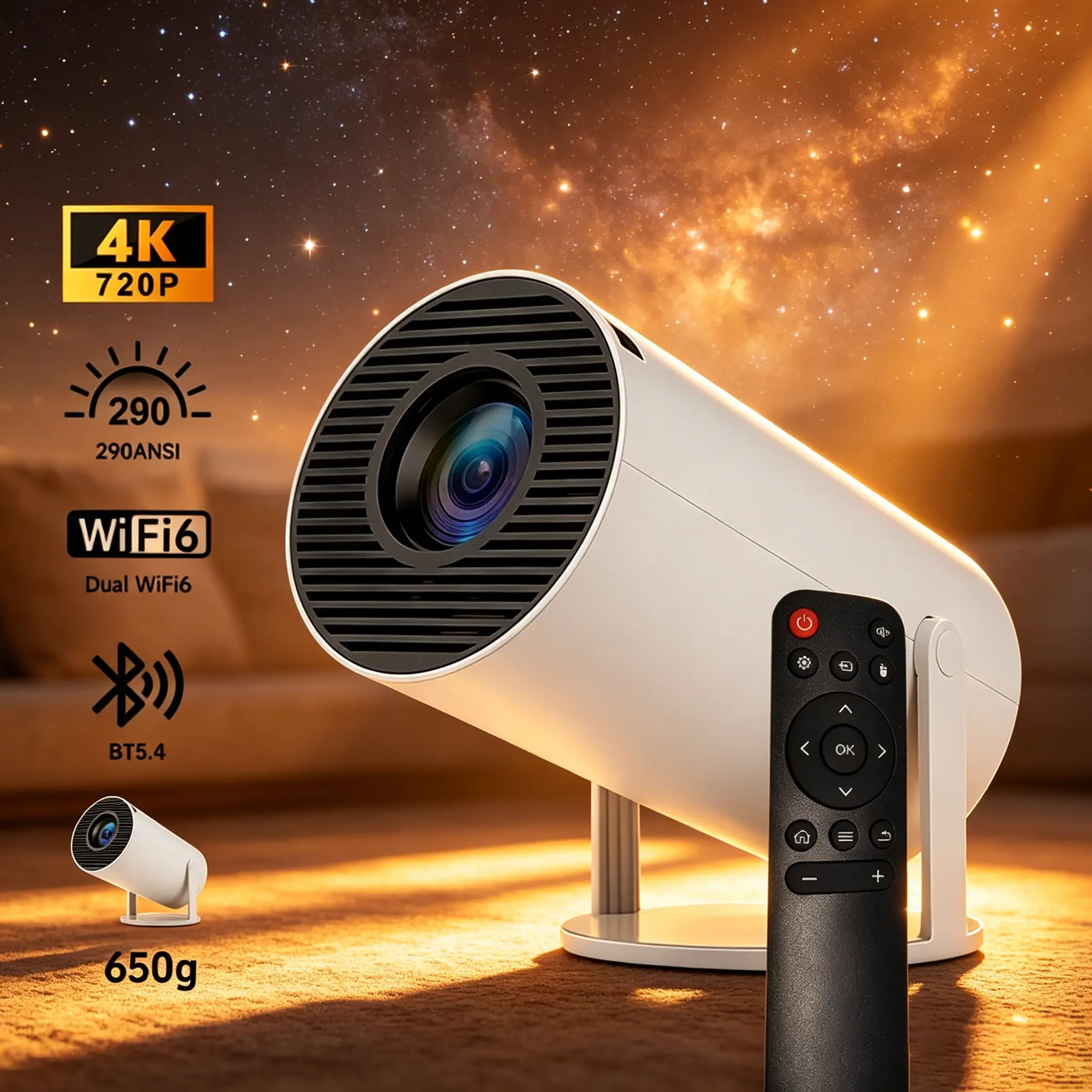 Mini Portable Tabletop Pico Smart Projector - Full HD 720P LED, 290 Lumens, Bluetooth 5.4, WiFi, Android OS, Auto Keystone, 180° Rotatable, 130" Screen, Built-In Audio, Remote Control, Mountable, Ideal for Gaming, Home Use, Wireless