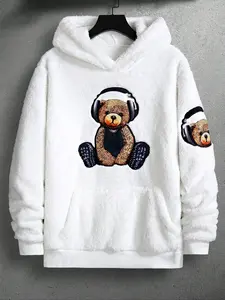 Men's New Street Style Comfortable Bear Hooded Fleece Sweatshirt, Fuzzy Hoodie, Casual Long Sleeve Pullover with Pocket, Fall & Winter Fashion