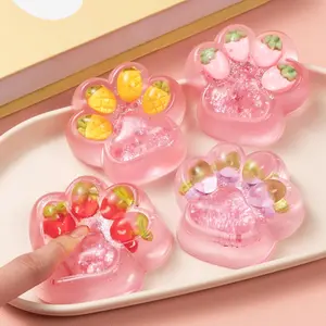 4Pcs Handmade Clear Taba Cat Paw Squeeze Toys, 2.75in Fruit Cat Paw Squishy Stress Relief Squishies for Adults, Cute Pink Fidget Sensory Toy Suitable for Party Favors Novelty Things Gift