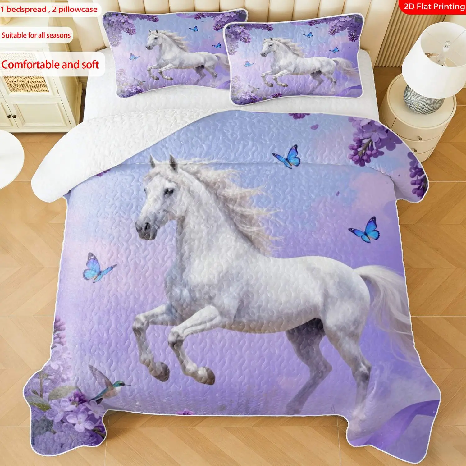 3 pcs, 2D Flat Print White Horse & Lilac Floral Bedspread Set, Soft and Comfortable, Multiple Sizes Available, Suitable for Gifting and Daily Use, Ideal for Creating a Cozy Home Atmosphere(1 bedspread , 2 pillowcases)