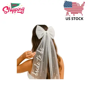 Bride to Be Bow Veil with Pearls, TWPER White Bridal Hair Bow Clip with Veil