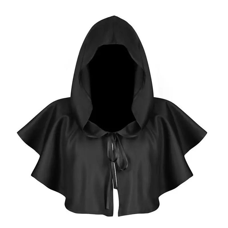 Men's Short Gothic Hooded Cape with Tie Front - Medieval Witch Vampire Costume Capelet, Black Burgundy Brown Cosplay Accessory for Halloween Party