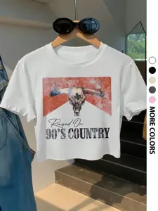 Women's Bull Head & Leopard Print Round Neck Crop Tee, Slim-Fitting Y2K Style, Casual Short Sleeve T-Shirt for Summer