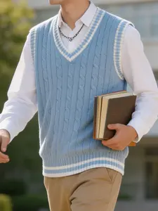 Men's Plaid Knit Vest, Casual Loose-Fitting V-Neck Top, Spring & Fall Layering Piece, Plain Pattern, No Collar, Without Zipper or Buttons