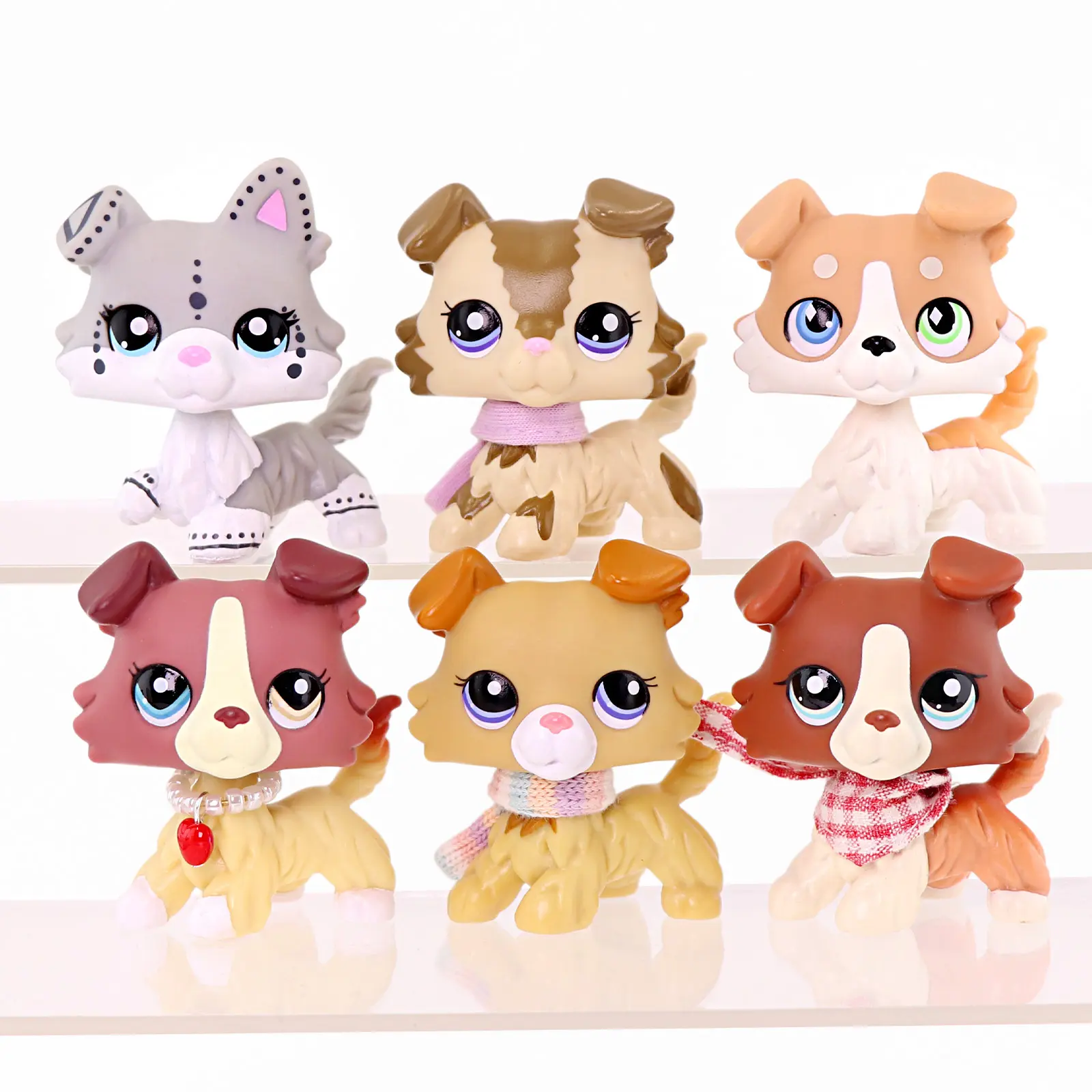 6 Pcs Cartoon Collie Puppy Figurines, Cute Mini Dog Collectible Figures with Scarf & Necklace Accessories, Hand-Painted Pet Statues, Desktop Display Ornaments, Gift for Hobby Collectors