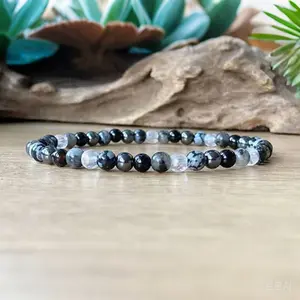 Snowflake Obsidian x Black Tourmaline x Aura Quartz x Hematite 4x Energy Bracelet - Natural Gemstone Beads Handmade Stretch Bracelets