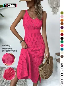 Women's V Neck Sleeveless Long Dress, Elegant Plain Hollow Out Pattern Split Thigh Beach Casual Shirt Dress, Random Floral Design, Womenswear