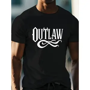Men's T-Shirt Casual Crew Neck Vintage Fashion Comfort Loose Single Side Printed T-Shirt - Men's Black OUTLAW Graphic Printed T-Shirt - Bold Monochrome Design, Regular Cut Short Sleeve Casual T-Shirt, Edgy Graphic Top Shirt