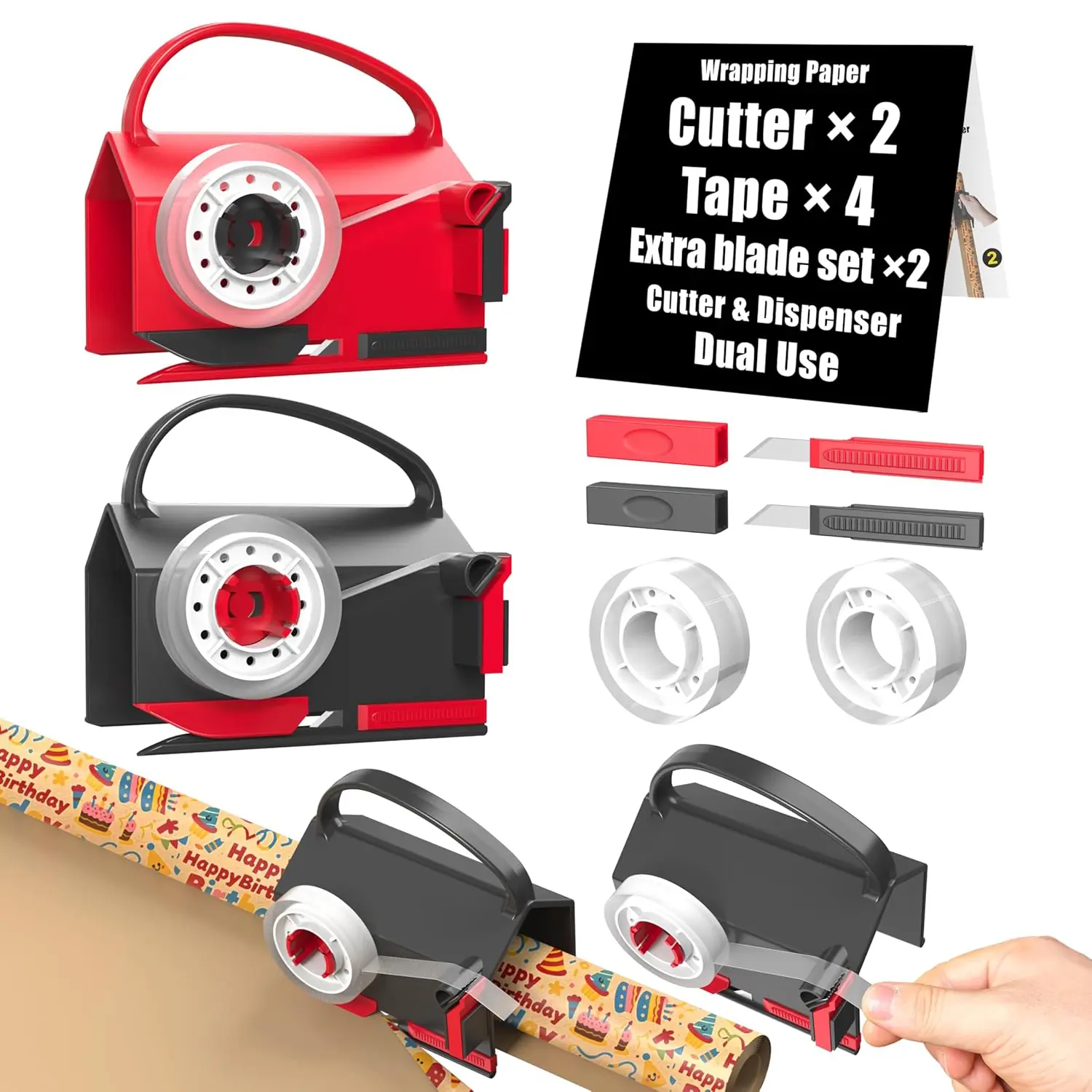 Wrapping Paper Cutter & Tape Dispenser Dual Use - 2 Cutters, 4 Tapes, 2 Blades - Efficient Gift Wrapping Tool for Christmas & Holiday Use - Roller-Glide Technology for Smooth Cuts - Home Office & Party Wrapping Supplies, Multifunctional Stationery