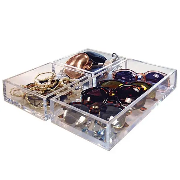 Azar Displays Deluxe Tray 3 Piece Set - Square Trays and Large Tray, Clear