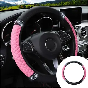Bling Soft Leather Steering Wheel Cover, 15 Inch Colorful Rhinestones Auto Elastic Protector with   for Women Girls,  Accessories for  , SUVs (Pink)