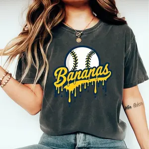 Bananas Baseball Graphic T-Shirt, Funny Banana Baseball Tee, Vintage Washed Casual Sports Shirt for Fans