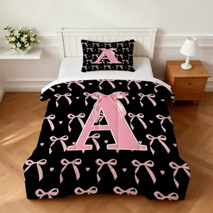 2/3Pcs Black & Pink Bow Letter Comforter Set, Sweet Cool Girly Style, Lightweight Breathable No Pressure, Ideal for Summer Air-conditioned Room Bedroom Use (With Filling, No Pillow Inserts)