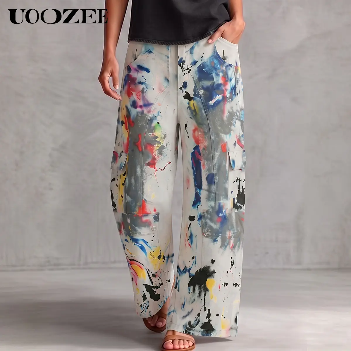 Polyester-Abstract Printed with Cargo Pockets(Non-denim)