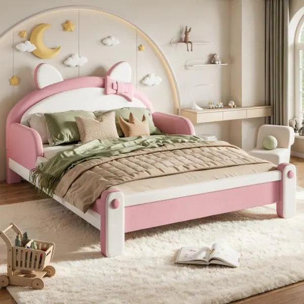 【Bellemave】 Twin /FullCute Cat Shaped Upholstered Kids Platform Bed, Princess Style Low Profile Children Bed Frame for Bedroom,white&Pink