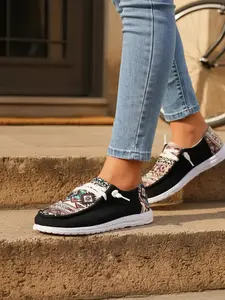 New Large Size Ethnic Design Canvas Unisex Shoes, Breathable One-Step Slip-On Casual Sneakers for Spring & Fall, Daily Wear