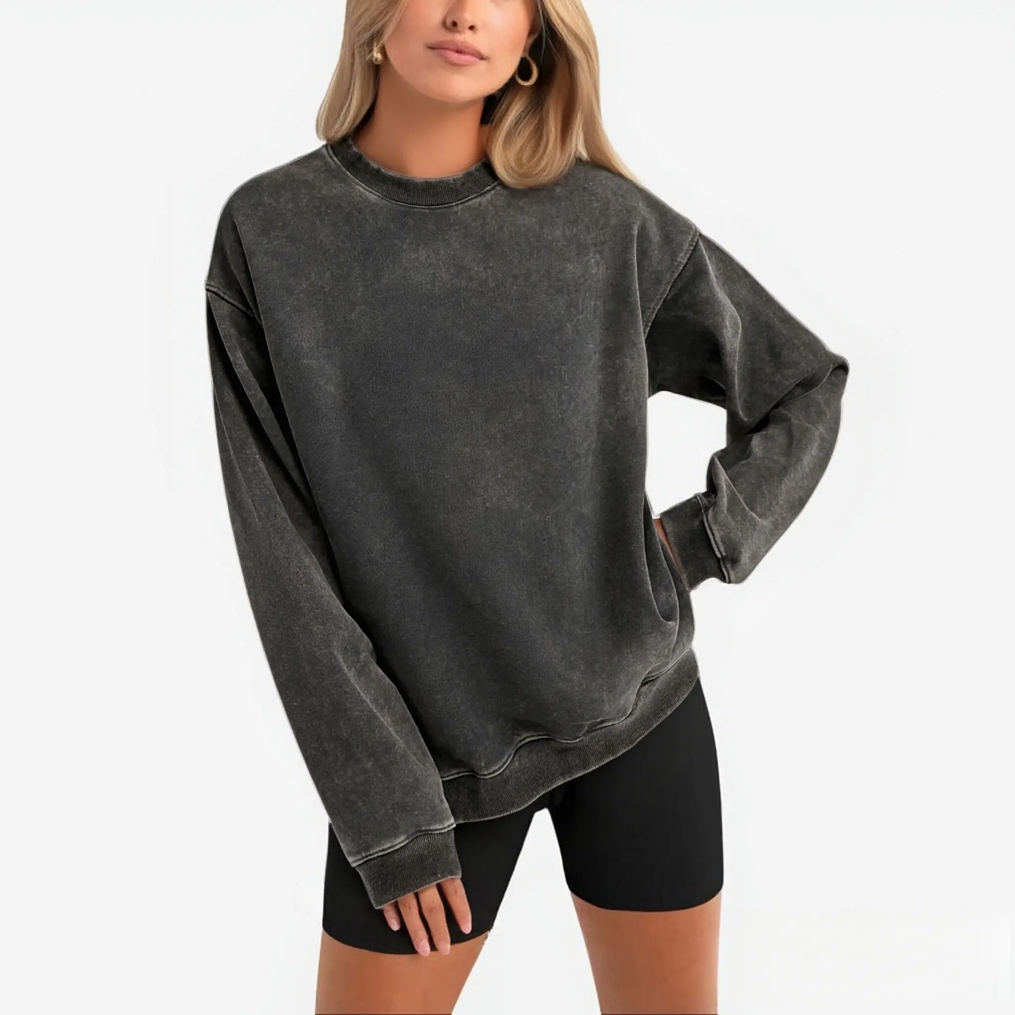 Vintage Acid-Wash Sweatshirt for Women, Oversized Casual Cotton Pullover with a Crew Neck and Long Sleeves, Long Sleeve, Basic