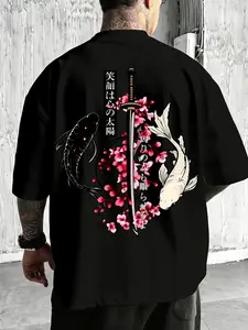 Men's Casual Short Sleeve T-Shirt, Koi Fish Knife Graphic, Sakura Accents, Comfortable Fabric, Perfect for Weekend Activities