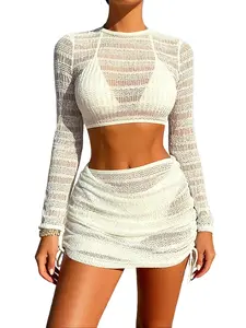 Women's White Crochet Knit Two Piece Beach Cover Up Set, Crisscross Tie Back Long Sleeve Crop Top & Ruched Drawstring Mini Skirt，Women's swimsuit