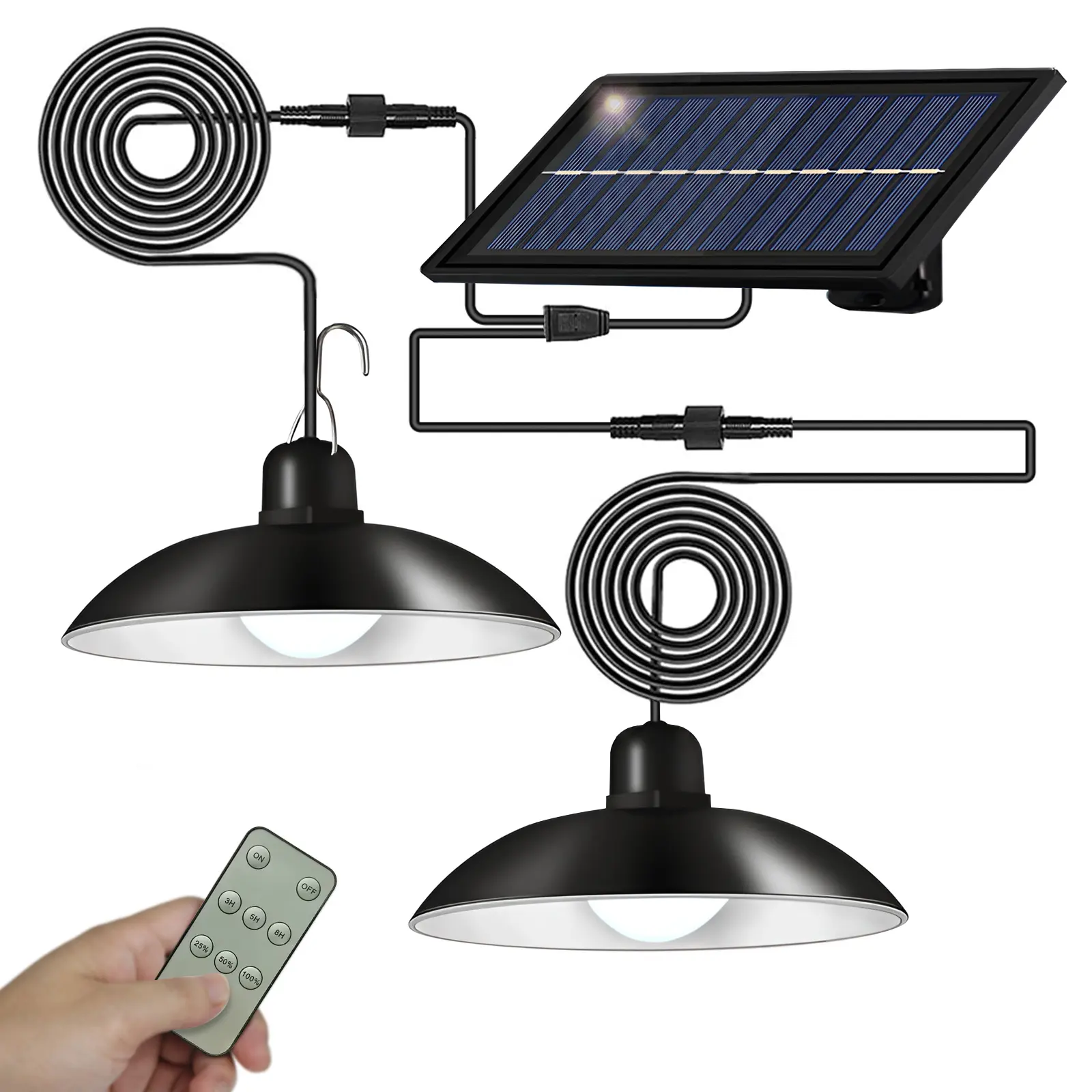 Outdoor Solar Pendant Light, Waterproof Dual Heads 60LED Shed Light with Remote Control, Solar Hanging Lamp for Home Indoor Patio Garden, Solar Lights Outdoor, Waterproof Outdoor Lighting, Outside Lights