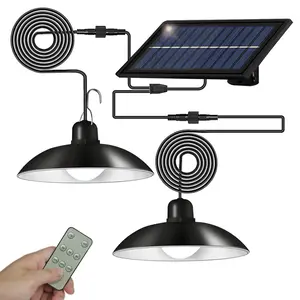 Outdoor Solar Pendant Light, Waterproof Dual Heads 60LED Shed Light with Remote Control, Solar Hanging Lamp for Home Indoor Patio Garden, Solar Lights Outdoor, Waterproof Outdoor Lighting