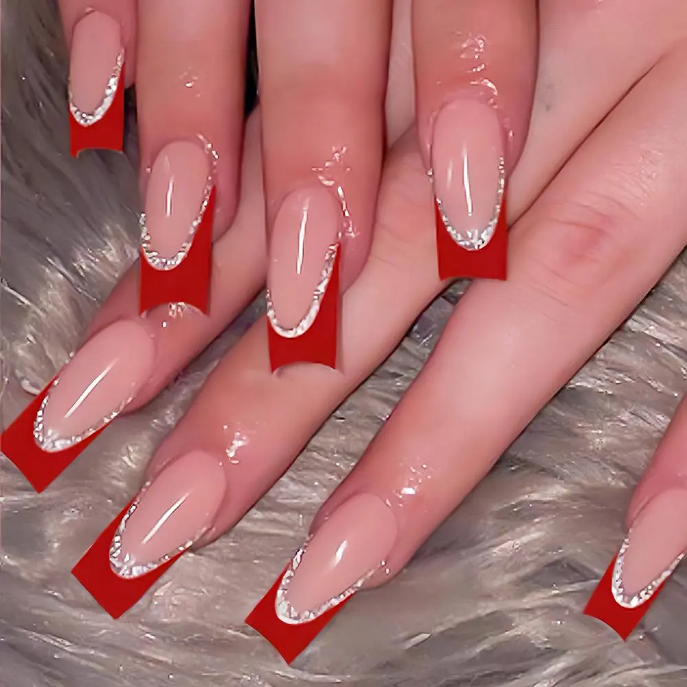 24Pcs Red French Christmas Fake Nails Mid-length Square Pink Red with Silver Glitter French Press On Nail Acrylic False Nail Tip