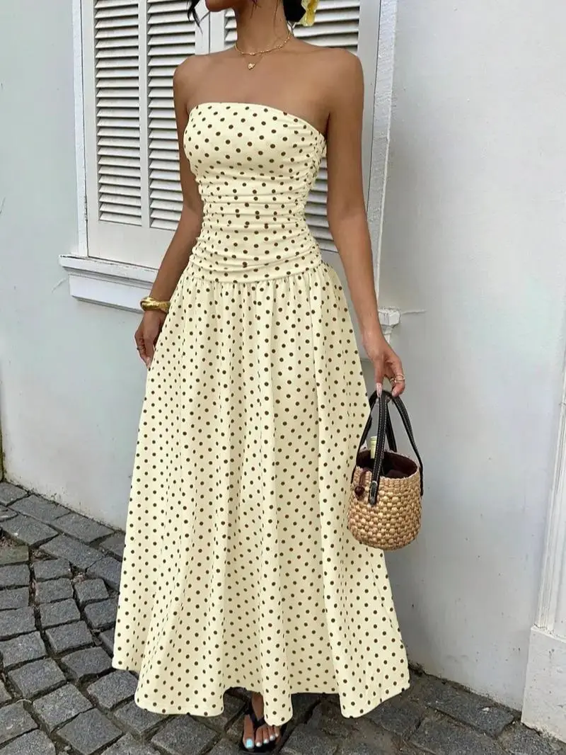 Elegant Halter Maxi Dress for Women, Brown Polka Dot Print Sleeveless Gown for Wedding Guest, Parties & Formal Events, Wedding Guest Dresses, Polka Dots, Dress For Wedding Guest, Flattering Cut