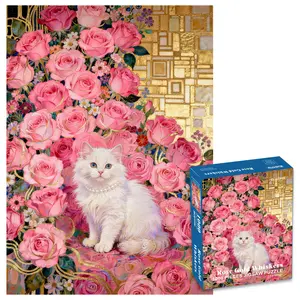 1000 Piece Cat and Roses Jigsaw Puzzle for Adults, Aesthetic Pink Floral Art Puzzle Gift