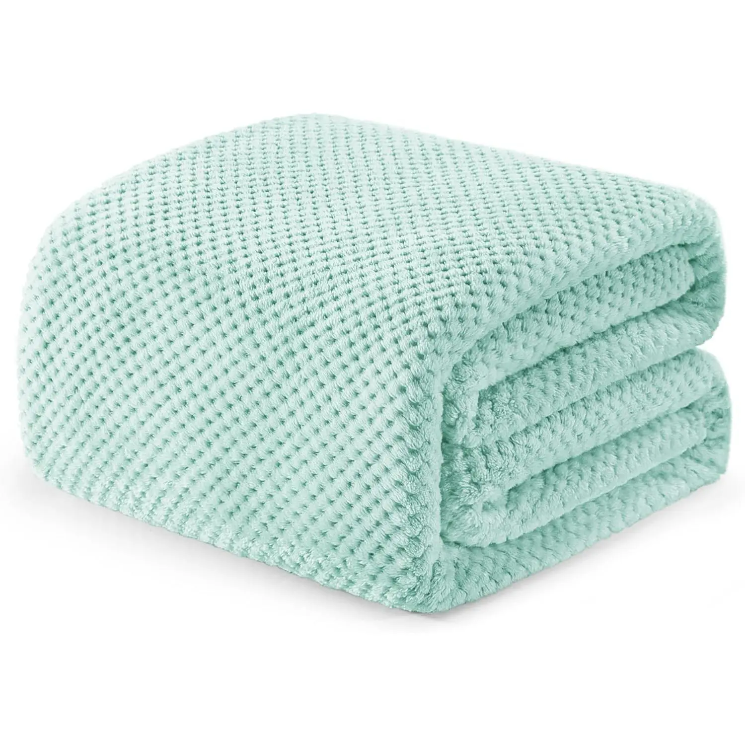 Mint Green Queen Size Jacquard Waffle Textured Plush Polyester Blanket - Durable, Fade Resistant, Lightweight, Warm Modern Bedspread for Couch Owners (90x90 in, Machine Washable), Jacquard Weave, Print