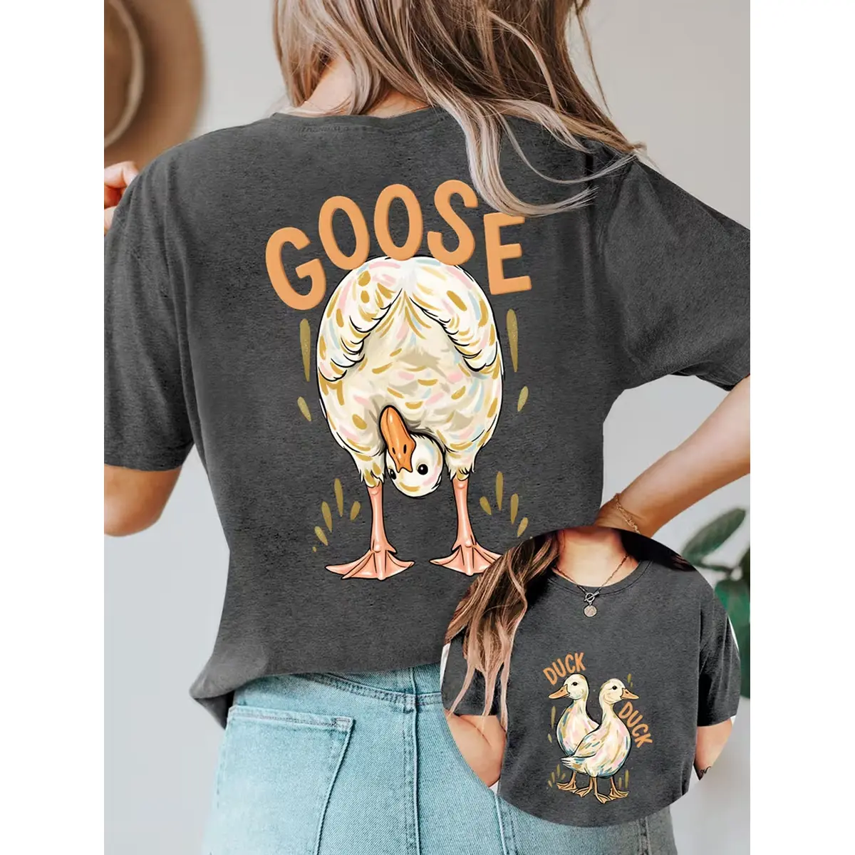 Women'S Summer Clothing, Quirky Duck Print Reversible Round Neck Short Sleeve T-Shirt, Athletic Casual Lightweight Comfortable Soft Fashion, Fun Quirky Style Top, All-Season Daily Versatile