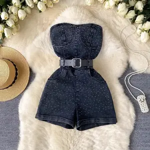 Women Denim one pieces Summer Fashion Drill High Waist Slim Sleeveless Strapless Sashes Outfits