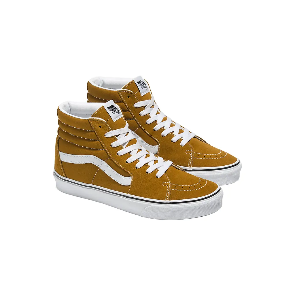 VANS Men's Sk8-Hi Color Theory Golden Brown Suede & Canvas High-Top Ankle Footwear, Lace-Up Casual Trainer with Sidestripe™, Rubber Waffle Outsole