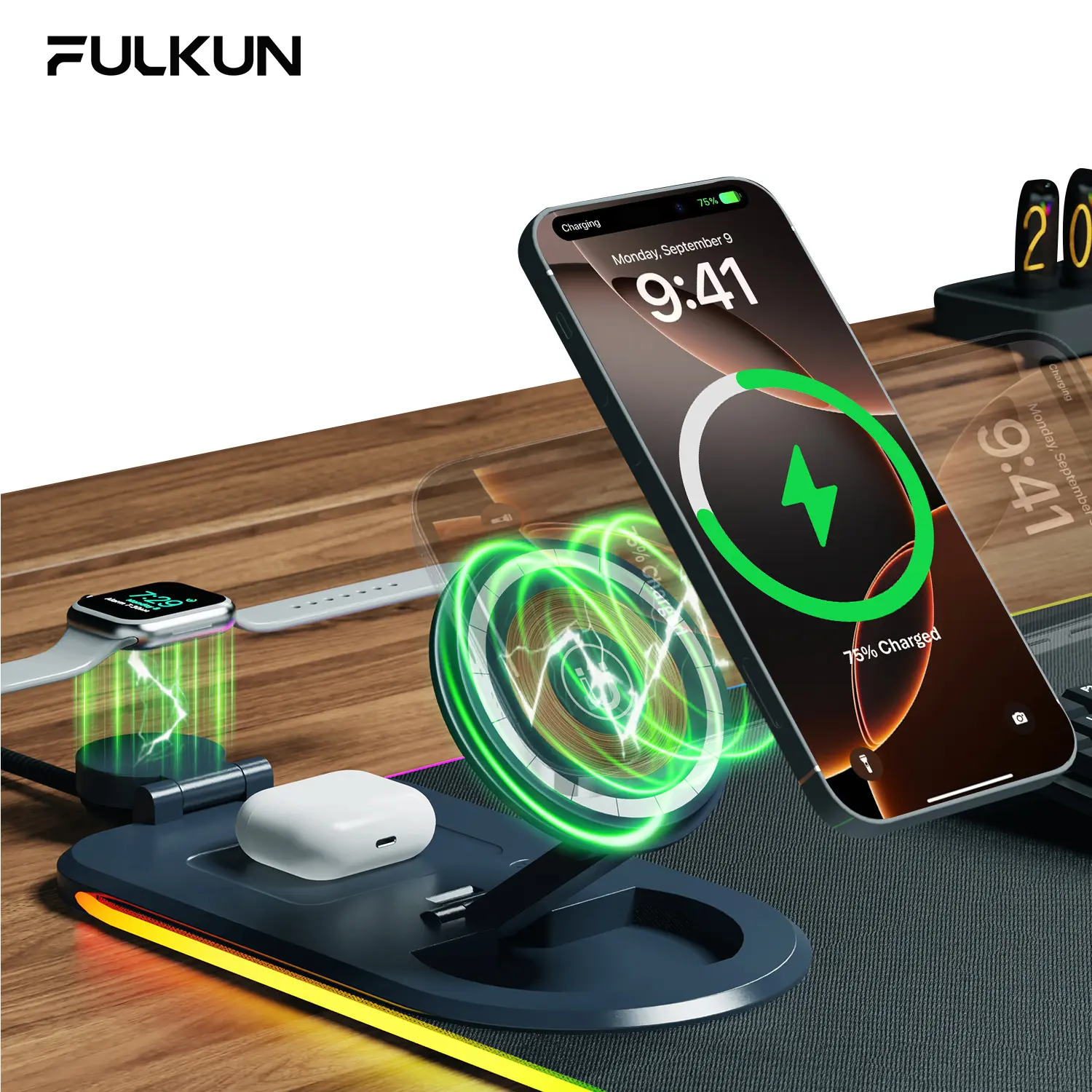 Fulkun Modern RGB Gaming Mouse Pad - 3-in-1 Qi Enabled LED Mouse Pad with Wireless Charger, 31.5x11.8in Large Extended Size Desk Mat for iPhone, PC Accessories (Phones, Watches, Earbuds)
