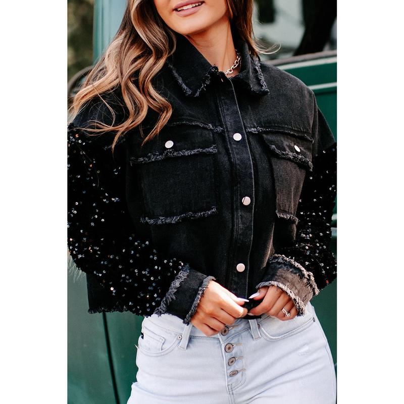 Black Sequin Sleeve Pocketed Raw Hem Denim Jacket Black Sequin Sleeve Pocketed Raw Hem Denim Jacket