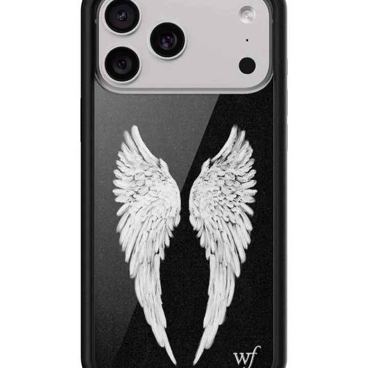 Black Angel Baby | Limited Edition Trendy iPhone Case | Raised Protective Black Bumper | Women Owned Small Business | Dark Black Background Angelic Feather Wings | Safety Casing Protective | Gift for Her, Custom, Protection, Durable