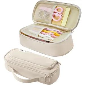 Large Pencil Case for Girls and Boys, Aesthetic Pencil Case Organizer with Handle, Cute Pencil Pouch for School & Office Supplies-Beige