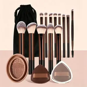 Multifunctional Tool Set, 18pcs Makeup Tools with Drawstring Pouch, 13 Soft Brushes, Powder Puffs & Box, Brush Cleaner Mat
