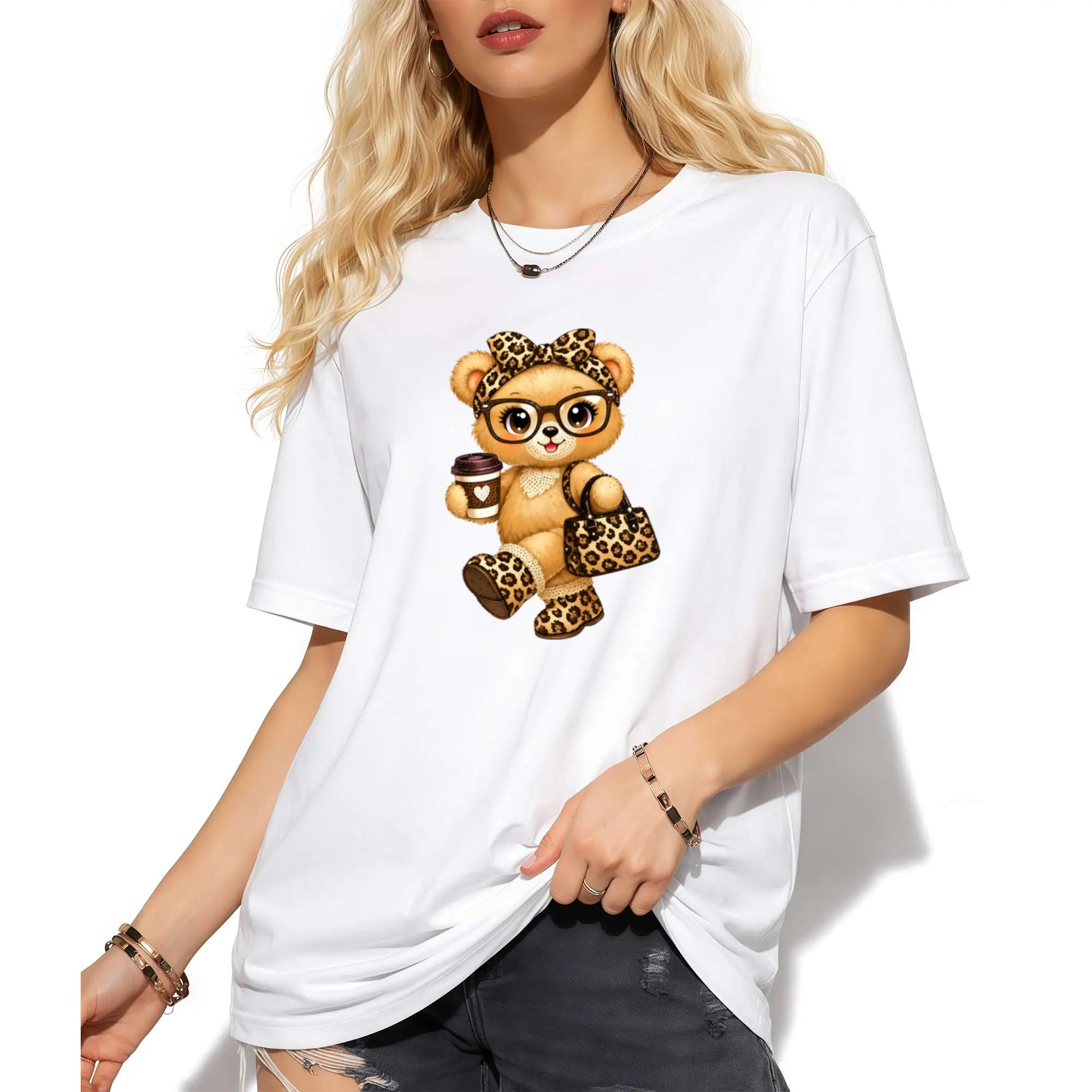 Meet your new everyday statement tee. this relaxed-fit graphic t-shirt features an adorable luxe teddy bear print with chic leopard accents for the pertect cute-meets-baddie vibe. designed with a comfy oversized silhouette that pairs ettortlessl