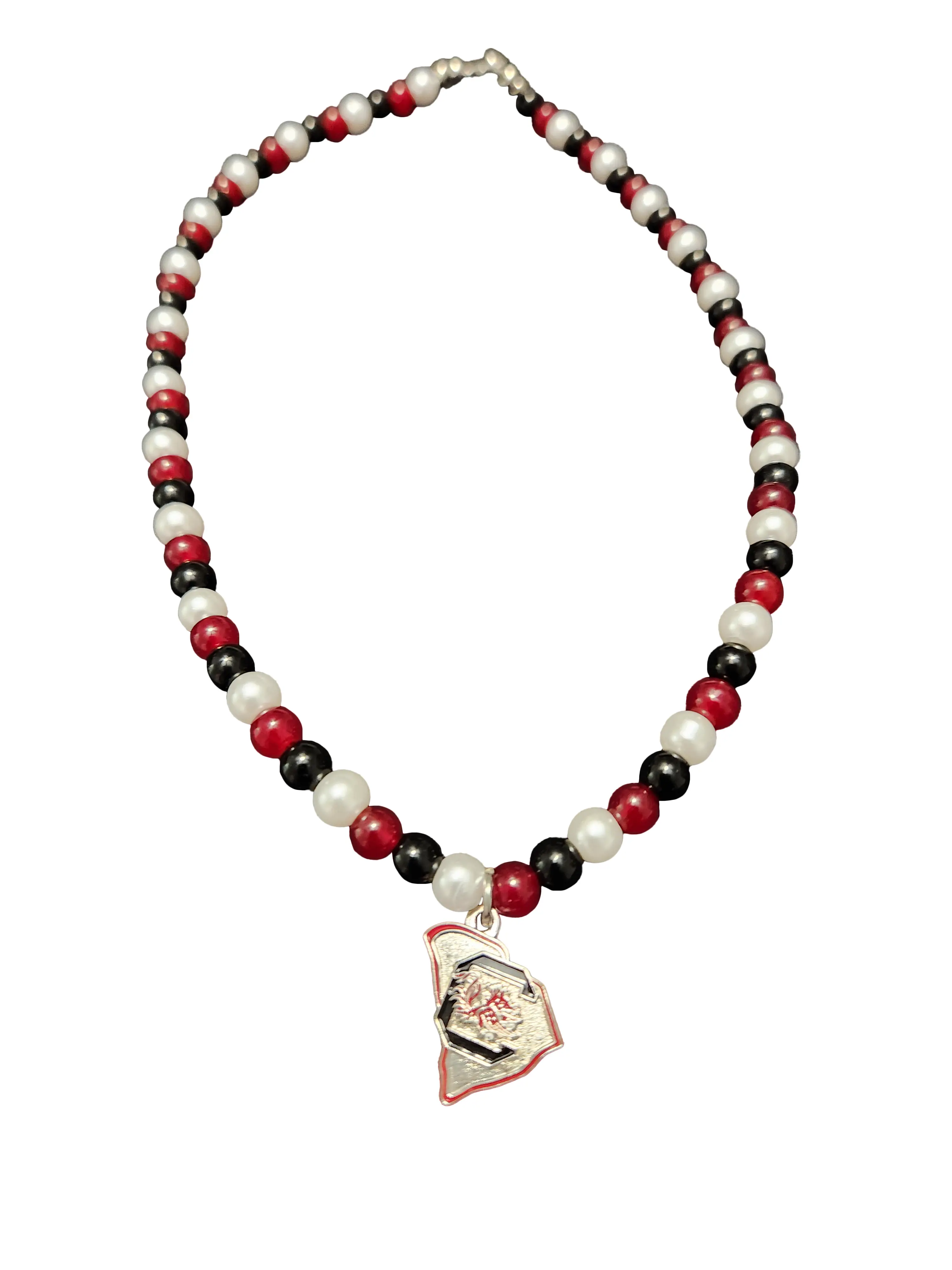 South Carolina Gamecock Beaded Pearl Necklace with SC State Charm - 8mm Pearl and Glass Beads - 16 Inch